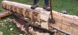 timber framer using woodworking tools on tree 